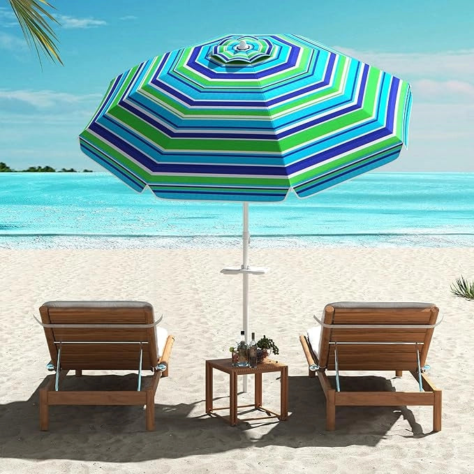 Ombrellone da Spiaggia 200 x 220 cm, Ombrellone da Mare con Inclinazione Regolabile, con Vassoio, 8 Stecche, Protezione UV, Impermeabile, Borsa di Trasporto (Verde)