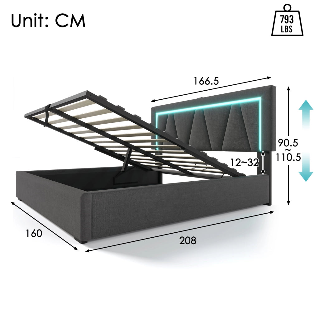 Letto contenitore 160x200 cm con testiera regolabile; LED; USB C; USB; grigio
