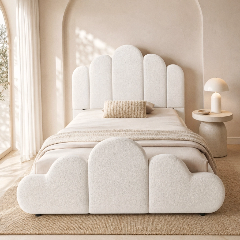 Letto singolo 90x200 cm in bouclé beige, con testiera imbottita, angoli arrotondati e rete inclusa