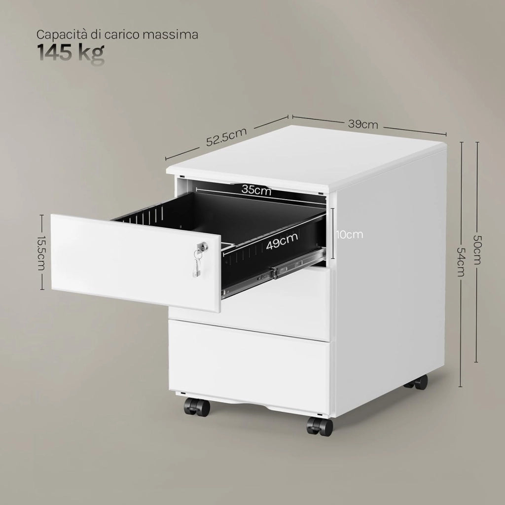 Cassettiera da Ufficio Scrivania Studio con Rotelle Mobiletto con 3 Cassetti e Serratura per Documenti Cartelle Sospese Cancelleria, Pre-Assemblato, metallo Bianco SK024ws