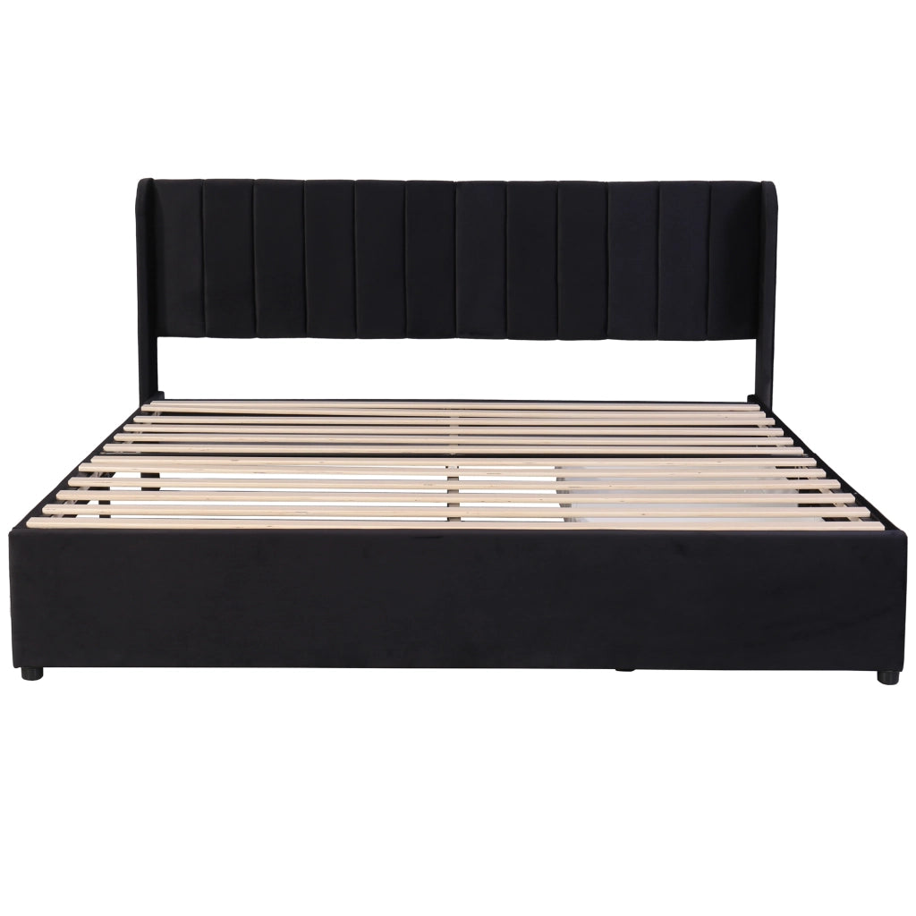 Letto imbottito in velluto nero 180x200 cm con rete a doghe, testiera alta e 2 cassetti