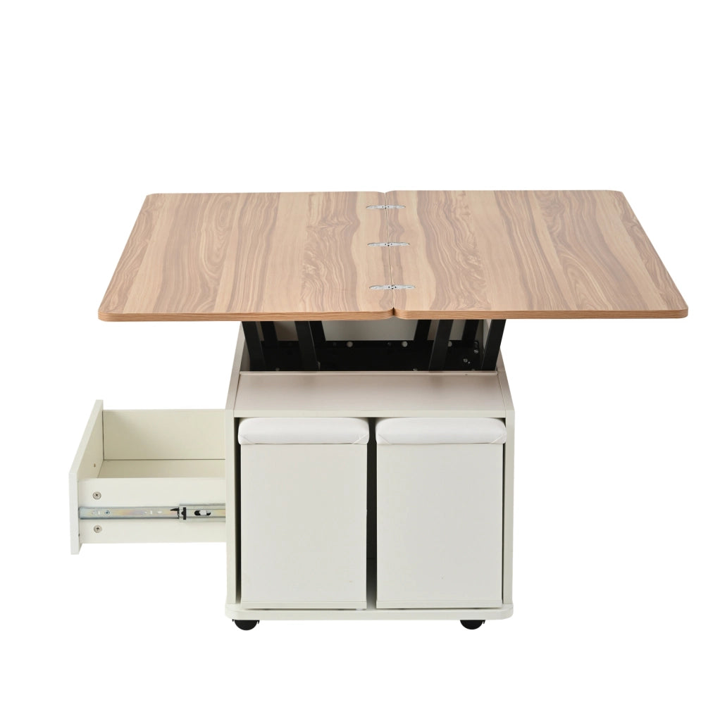 Tavolino trasformabile 100x50x45 cm con alzata idraulica; 4 sgabelli contenitore; legno; bianco naturale