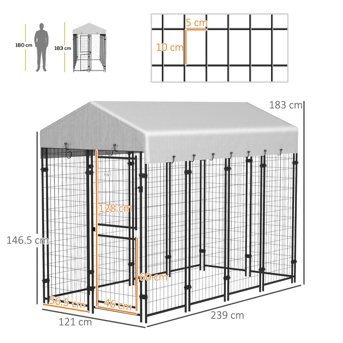 Recinto per Cani da Esterno con Tetto 239x121x183 cm in Metallo Argento
