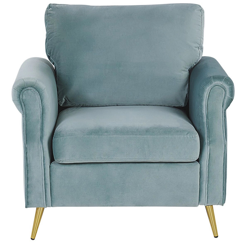 Poltrona Verde Menta Rivestimento Tessuto Velluto Gambe In Metallo dorato Cuscini Seduta E Schienale Sfoderabili Stile Retrò Glam