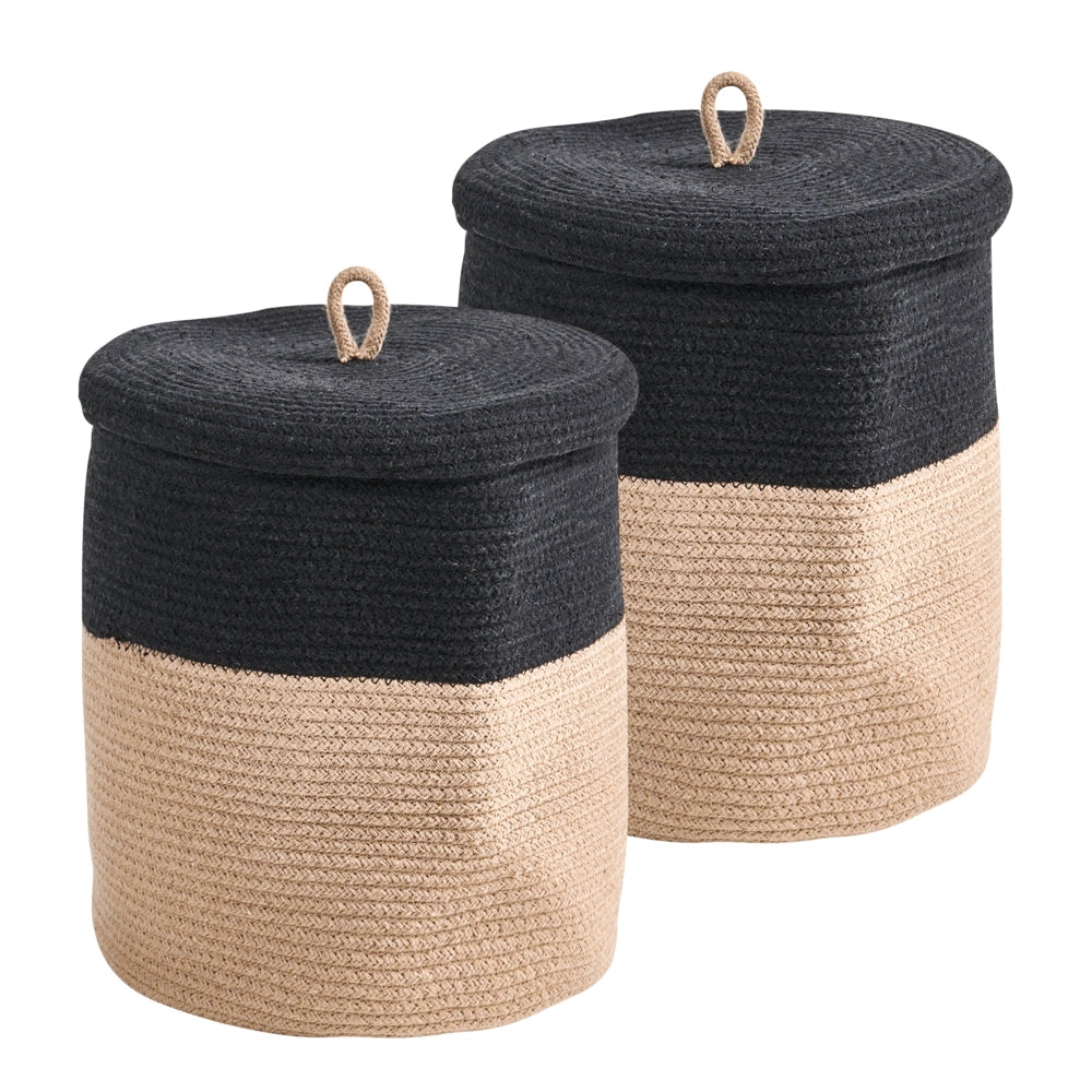 Cestino in tessuto di cotone bianco sporco con accessori per la conservazione del coperchio boho