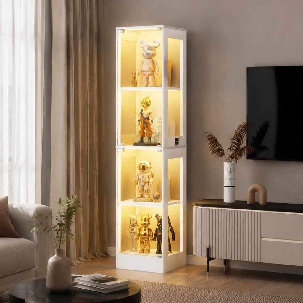 Vetrina in vetro bianca con illuminazione LED e sensore