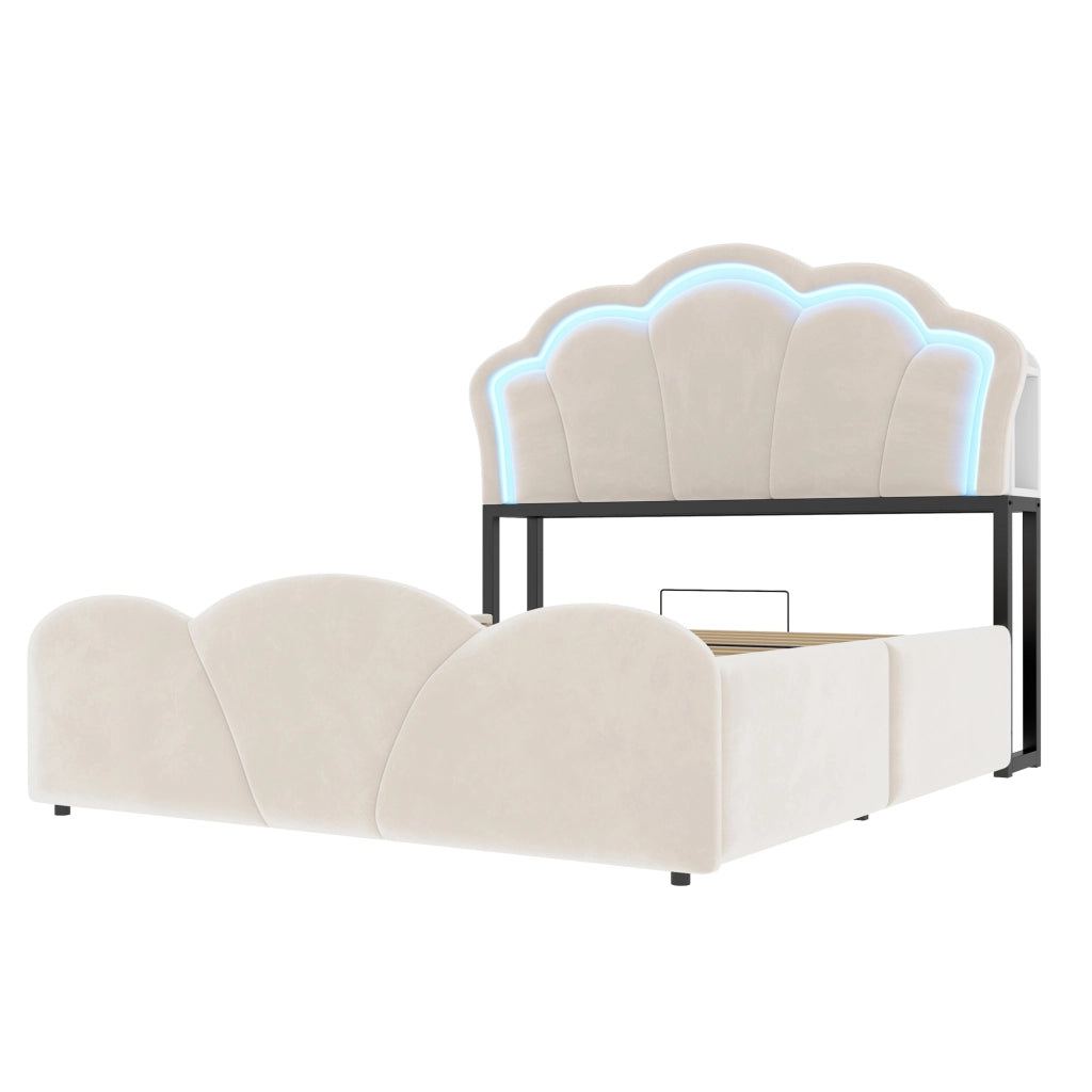 LETTO Contenitore 140x200 cm Beige in Velluto con LED e prese integrate