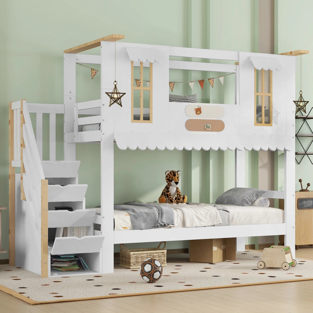 Letto a Castello 90x200 cm; con Scala Contenitore; Finestre e Tetto - Bianco Naturale