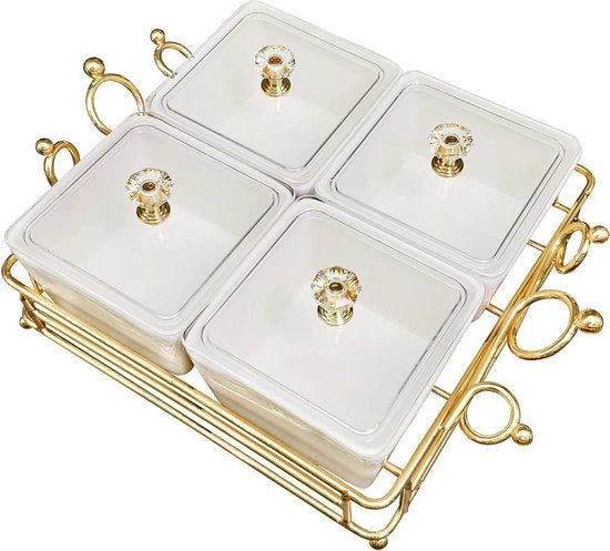 Scaletta ceramica con tavola di servizio in metallo - scodelle per antipasti frutta dolci spezie - feste di compleanno ricorrenze vacanze - bianco galline