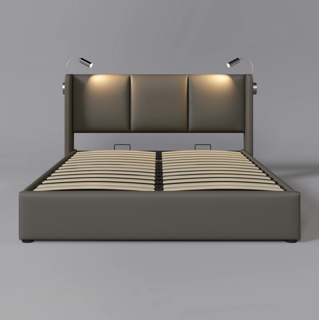 Letto matrimoniale imbottito con contenitore, luce di lettura e ricarica USB
