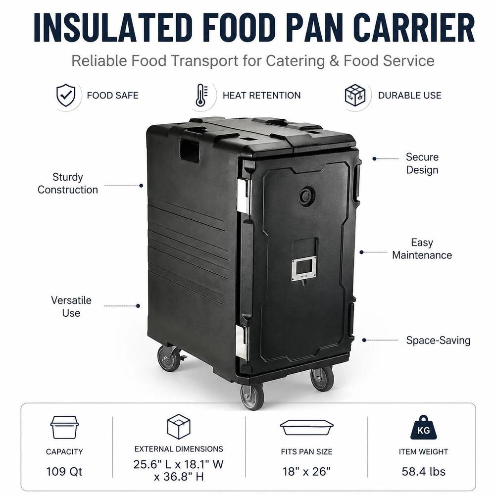 Insulated Food Container Carrier, Front Loader, Catering Box With Wheels, 103 L, Black