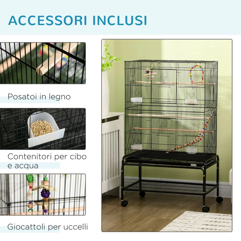 GABBIA PER UCCELLI IN ACCIAIO CON POSATOI, GIOCHI, CONTENITORI PER CIBO E VASSOIO, 79X49X133 CM, NERO