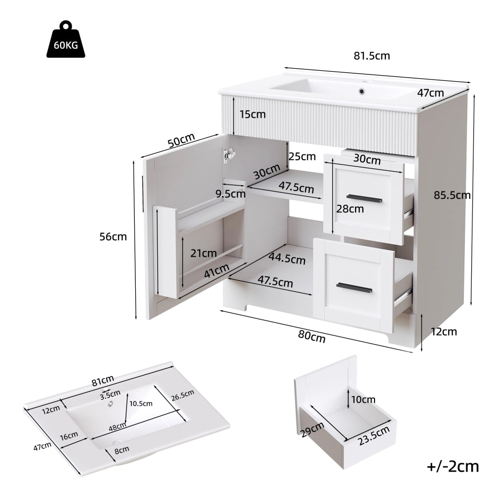 Mobile sottolavabo da bagno con lavabo in ceramica, 2 cassetti e ripiani regolabili, per bagno, bianco, 81,5 × 47 × 85,5 cm