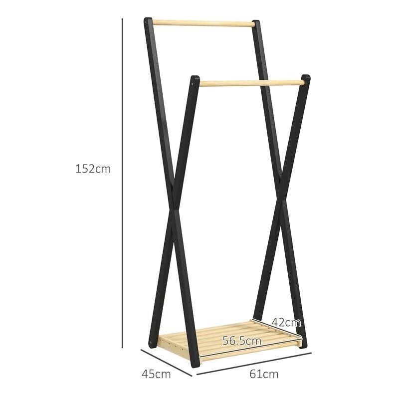 APPENDIABITI DA TERRA IN LEGNO CON 2 BARRE E RIPIANO INFERIORE DESIGN MODERNO, 61X45X152CM