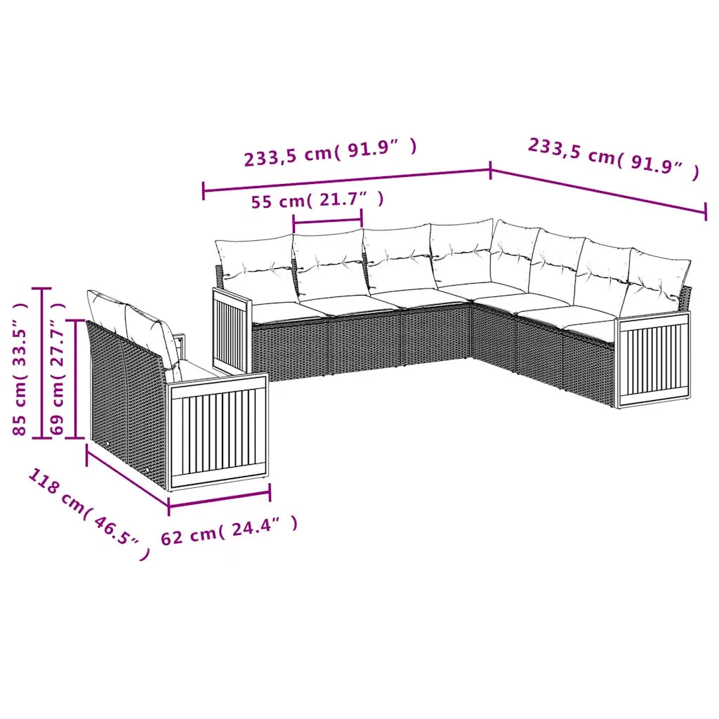 Set Divani da Giardino 9 pz con Cuscini Grigio in Polyrattan 3227783