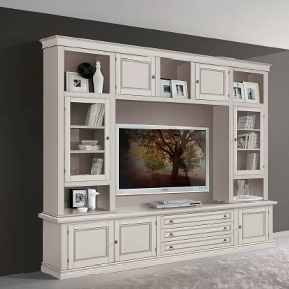 Parete attrezzata in legno shabby avorio anticato 243x50x227 - Mobili 2G