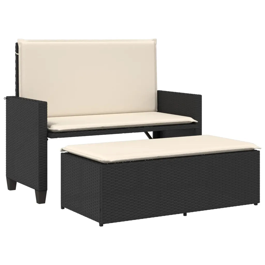 Panca da Giardino con Cuscini e Poggiapiedi-Sgabello-Panca da esterno Nera in Polyrattan