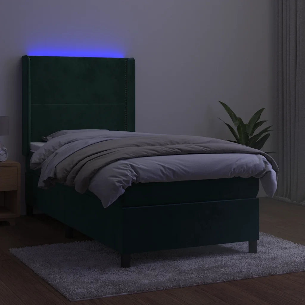 Letto a Molle con Materasso e LED Verde Scuro 100x200cm Velluto 3139490
