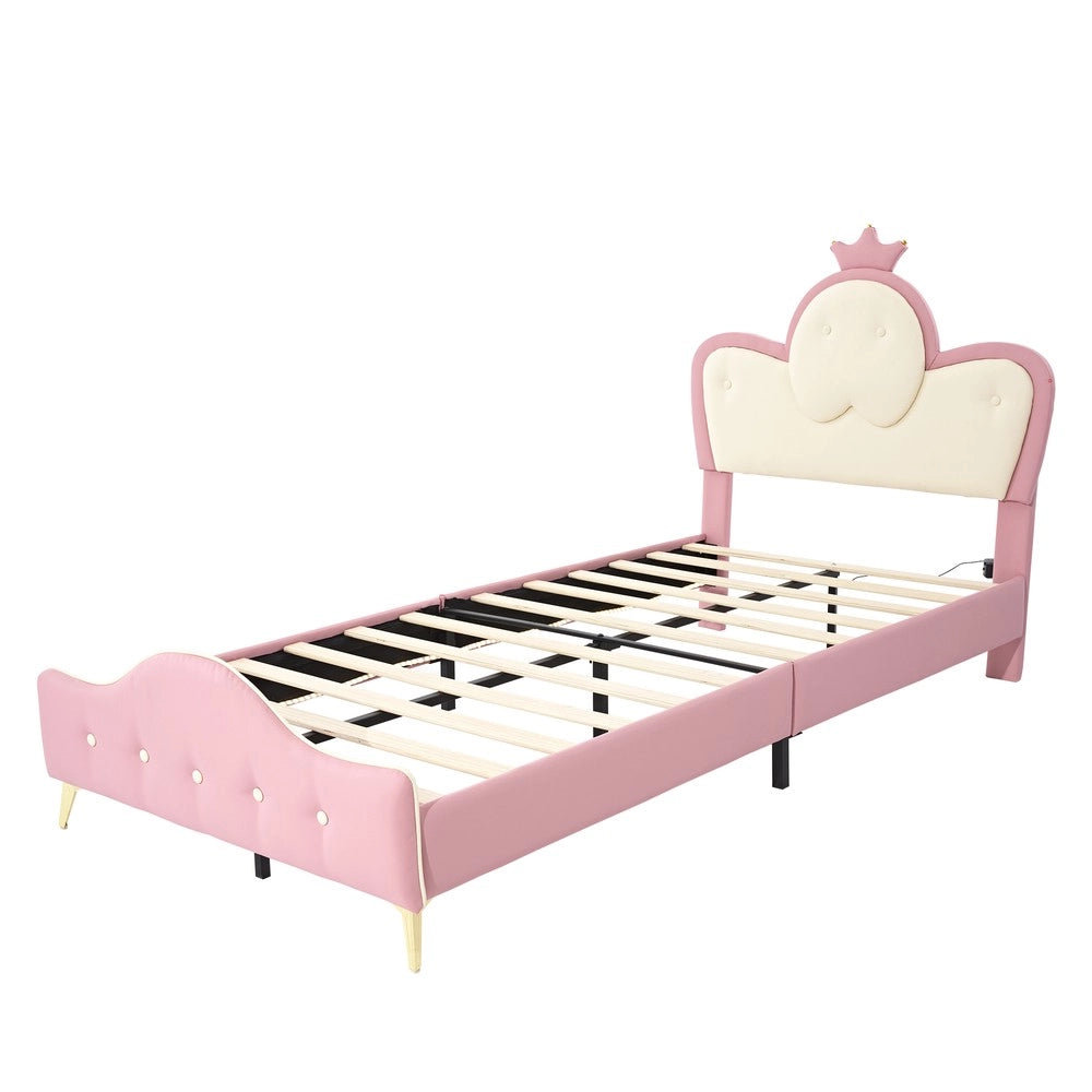 Letto Imbottito Singolo con LED e Testiera a Corona ¨C MINIMAL ¨C Rosa/Bianco, PU, 90x200 cm