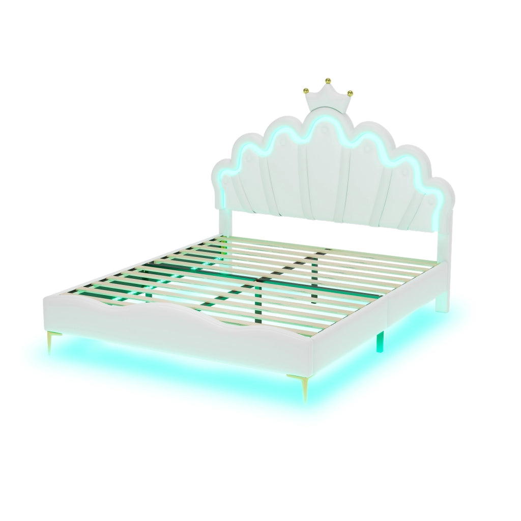 Letto Matrimoniale 140 x 200 cm con LED Regolabile e Testiera Regolabile; senza Materasso; PU Bianco