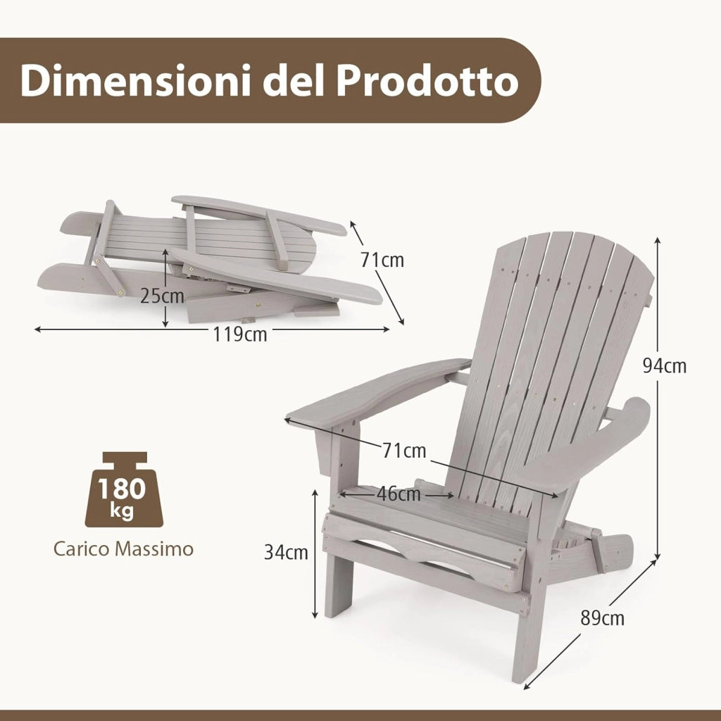 Sedia Adirondack Pieghevole, Sedia da Giardino in Legno di Abete, Poltrona Prendisole con Schienale Alto, Portata 180 kg, 89 x 71 x 94 cm (89 x 71 x 94 cm,Grigio,1)