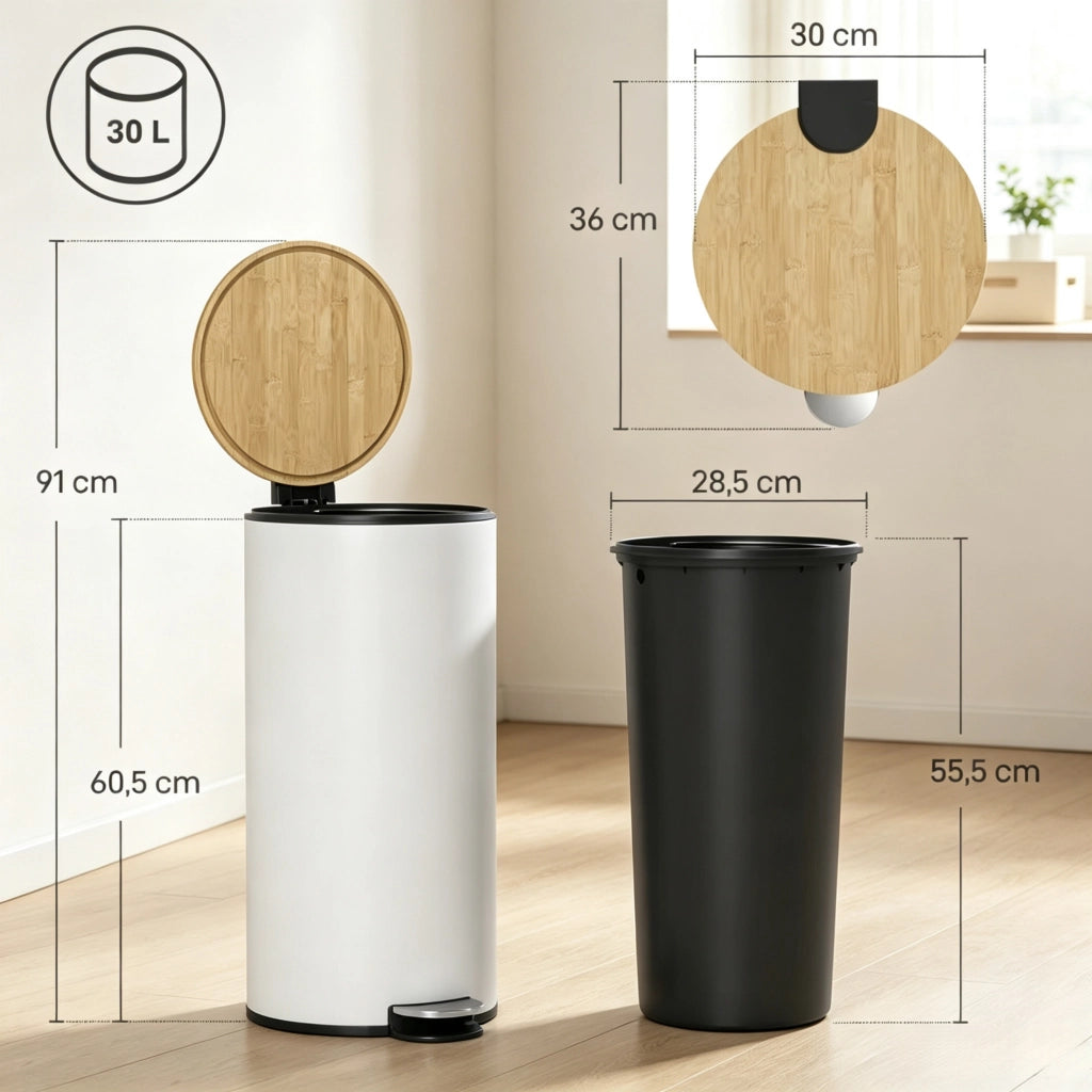 Pattumiera da cucina da 30 litri, con pedale, contenitore interno removibile e coperchio con chiusura ammortizzata.