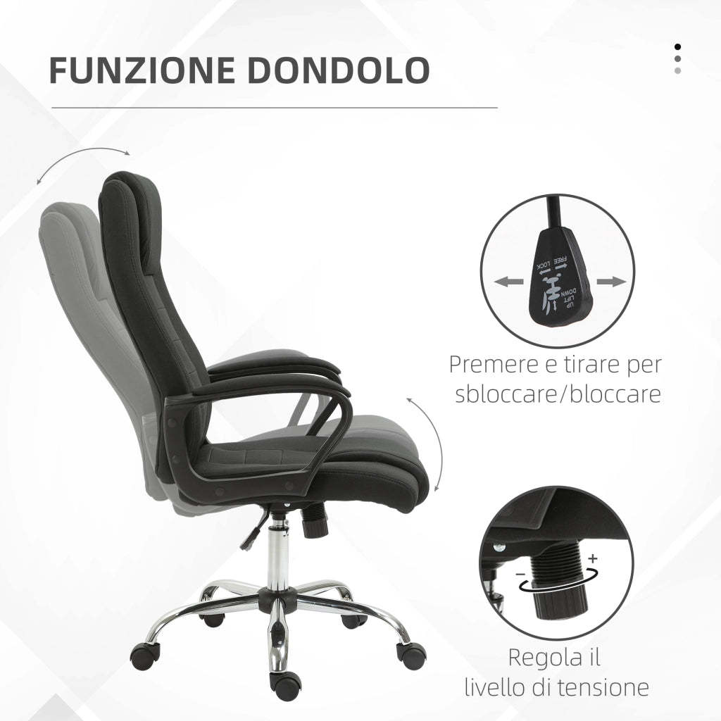 Sedia da Ufficio Ergonomica Basculante e Imbottita 62x76x110-119 cm in Poliestere Effetto Lino Nero