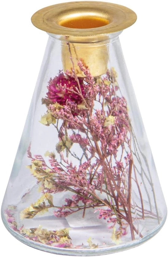 Vaso di vetro con fiori secchi e candelabro - decorativo - 1 pezzo - vetro trasparente - 12,5 cm alto