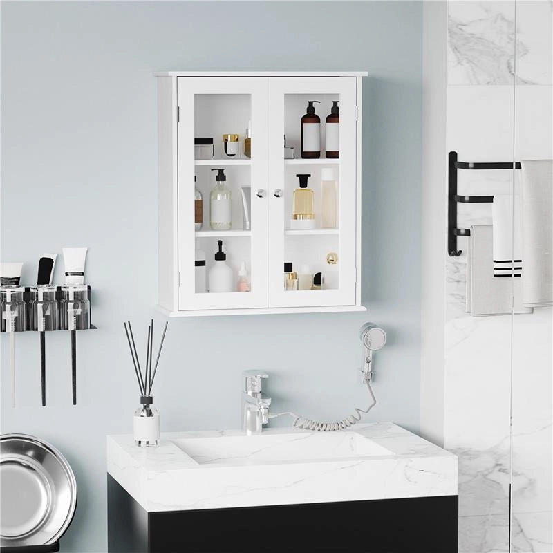 ARMADIETTO PENSILE BAGNO A 2 ANTE IN LEGNO E VETRO CON RIPIANO REGOLABILE, 55X20X65 CM, BIANCO
