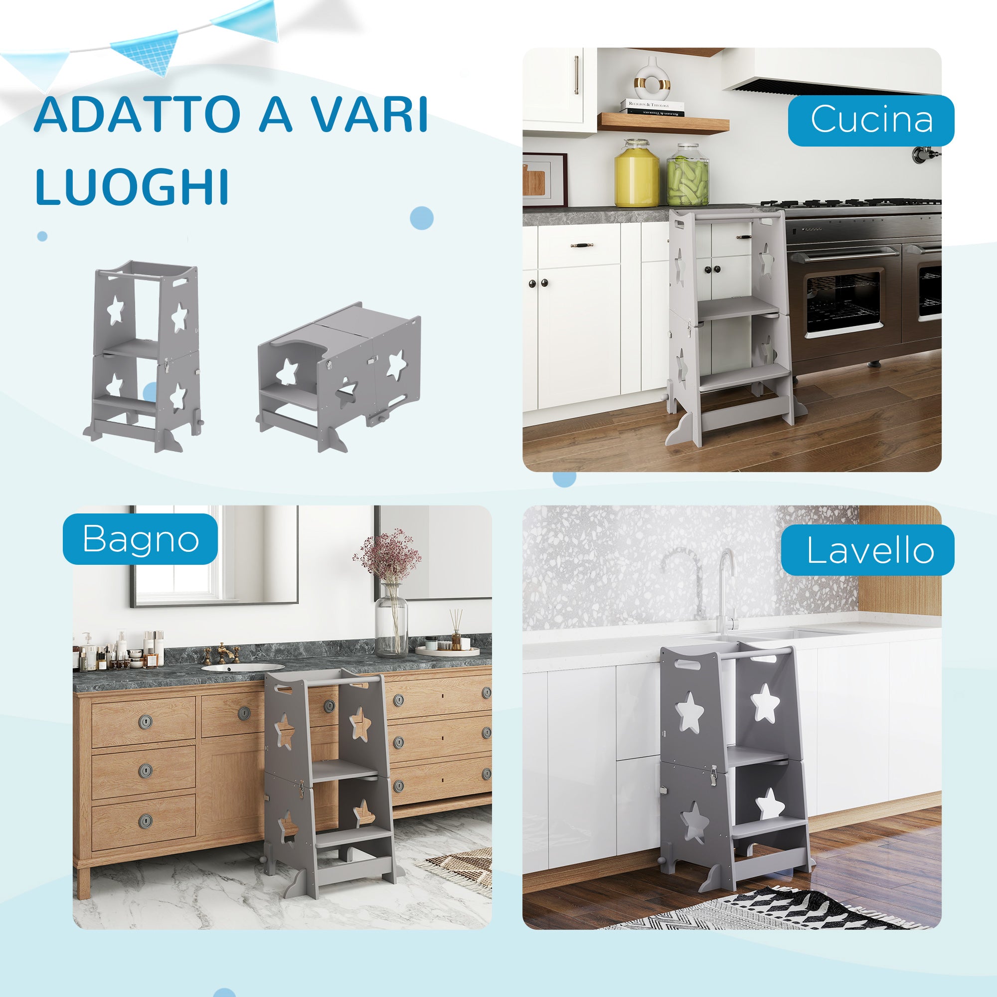 Scala Montessori Convertibile  60x44.5x86 cm in Set Tavolo e Sedie con Barra di Sicurezza in Legno Grigio