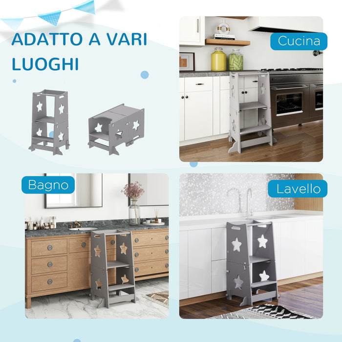 Scala Montessori Convertibile  60x44.5x86 cm in Set Tavolo e Sedie con Barra di Sicurezza in Legno Grigio