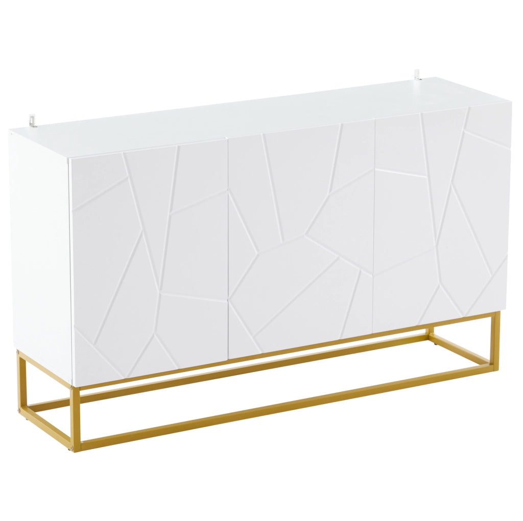 Credenza moderna 130 cm con 3 ante; ante lucide; ripiani regolabili; bianco oro