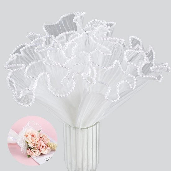 Due pezzi di carta per confezionamento con decorazione a perle e fiori impermeabile ondulato carta per confezionamento a fiori gomitoli di seta per decorazioni per feste articoli per fioristi articoli per compleanni e matrimoni (bianco)