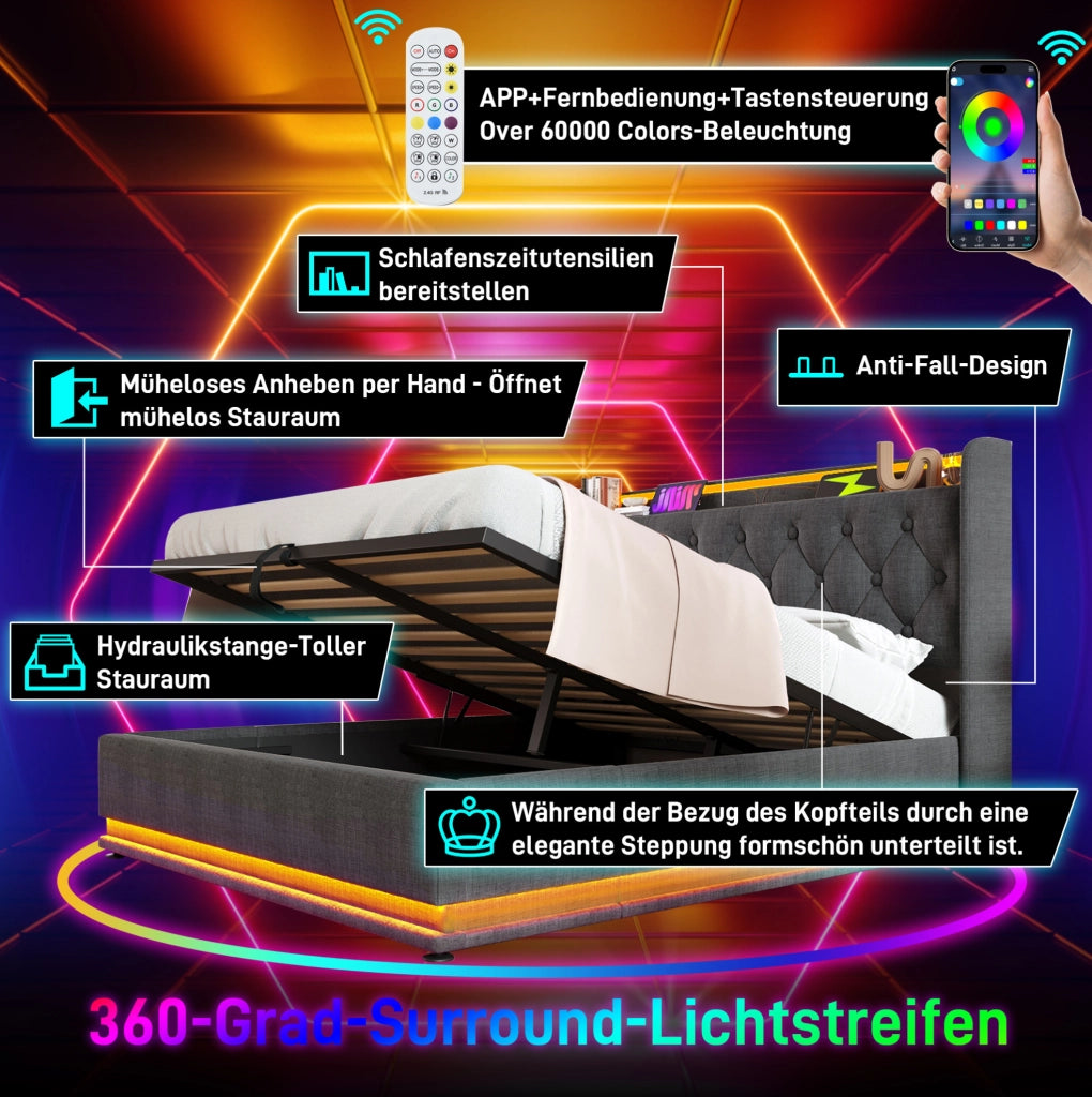 Letto contenitore 160×200 cm grigio con LED e USB