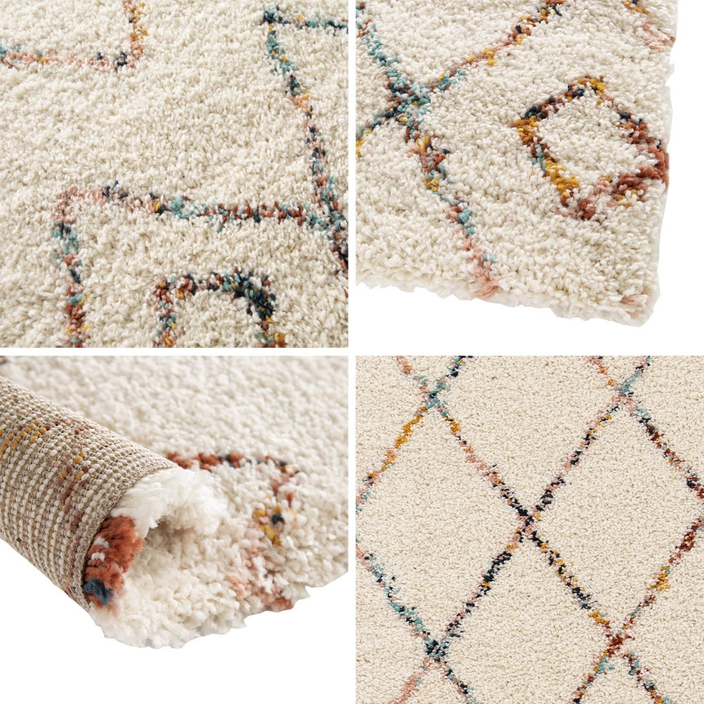 Tappeto shaggy per interni, stile berbero, crema e multicolore