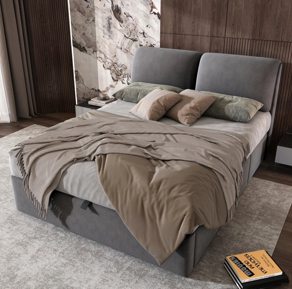 Letto imbottito 140x190 cm in velluto grigio con contenitore; 3 cassetti e testiera regolabile