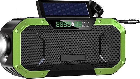 Radio multifunzione a mano - 6 in 1 - Generatore a manovella - Caricabile al sole - Multifunzionale - Impermeabile - 5000 mAh - 7W - 166 x 52 x 78 mm - Incluso torcia, power bank, bussola, orologio digitale e funzione allarme SOS