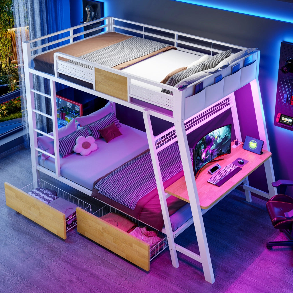 Letto a soppalco 90 × 200 cm con scrivania, prese USB e Type-C, LED e contenitori, senza materasso, metallo bianco