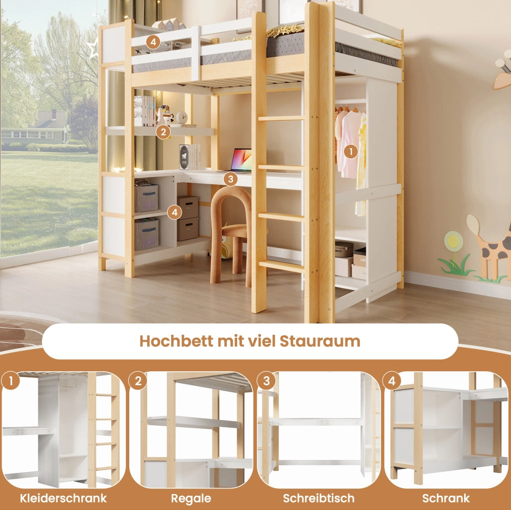 Letto a soppalco 90x200 cm con scrivania, scaffali e armadio