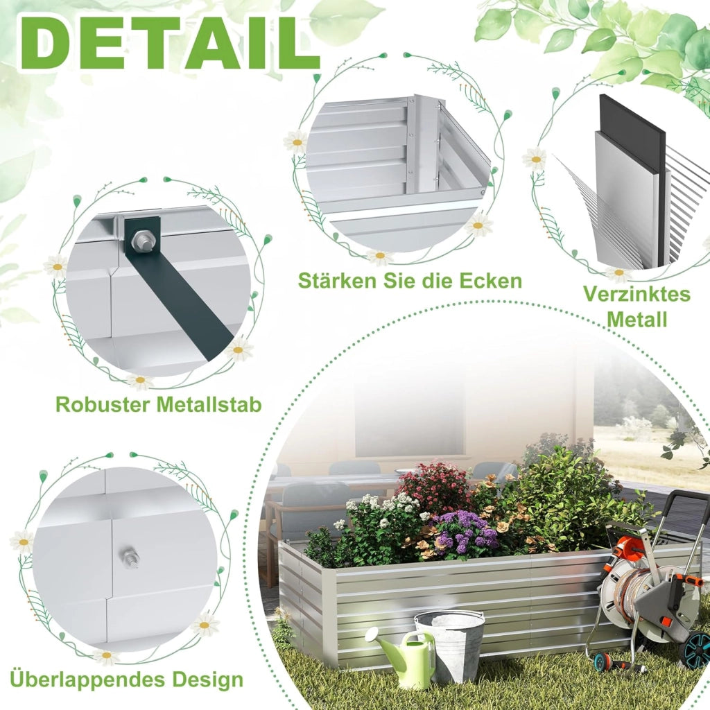 Fioriera rialzata, 300 x 120 x 58 cm, in acciaio zincato, grande per esterni, aiuola da giardino, rettangolare, per giardino, balcone, argento