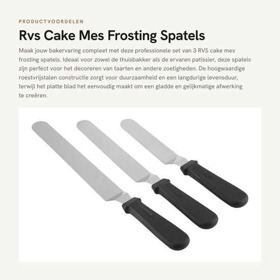 Set di spatole in acciaio inox per decorazione di torte - 3 pezzi 

Spessore: 3 mm 
Lunghezza: 25 cm 
Materiali: Acciaio inox 
Peso: 0,2 kg