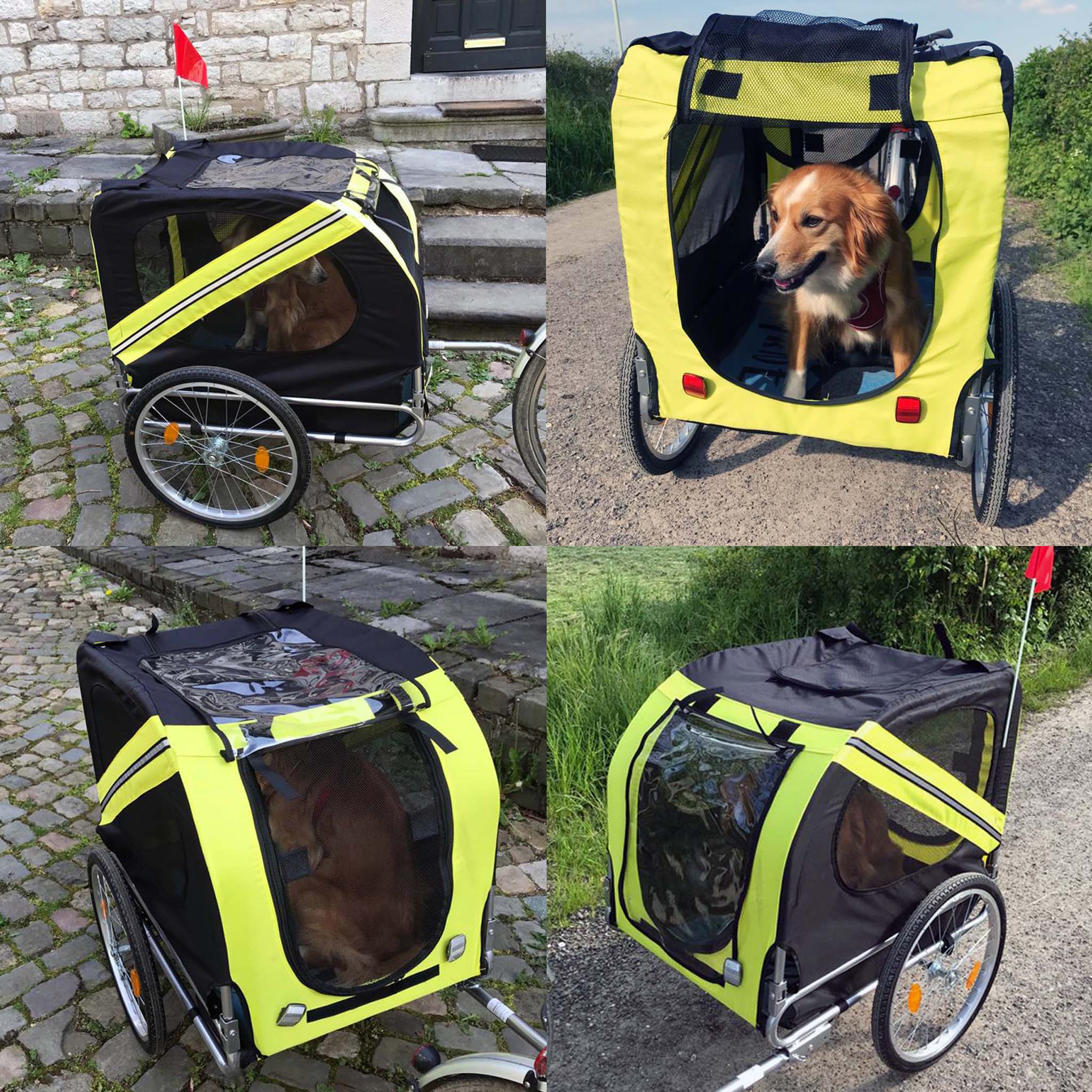 Rimorchio per cani bici, con gancio girevole di sicurezza, zanzariera e antipioggia Nero e giallo