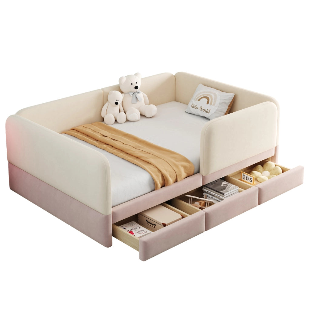 Letto imbottito per bambini 140 x 200 cm beige e rosa con cassetti