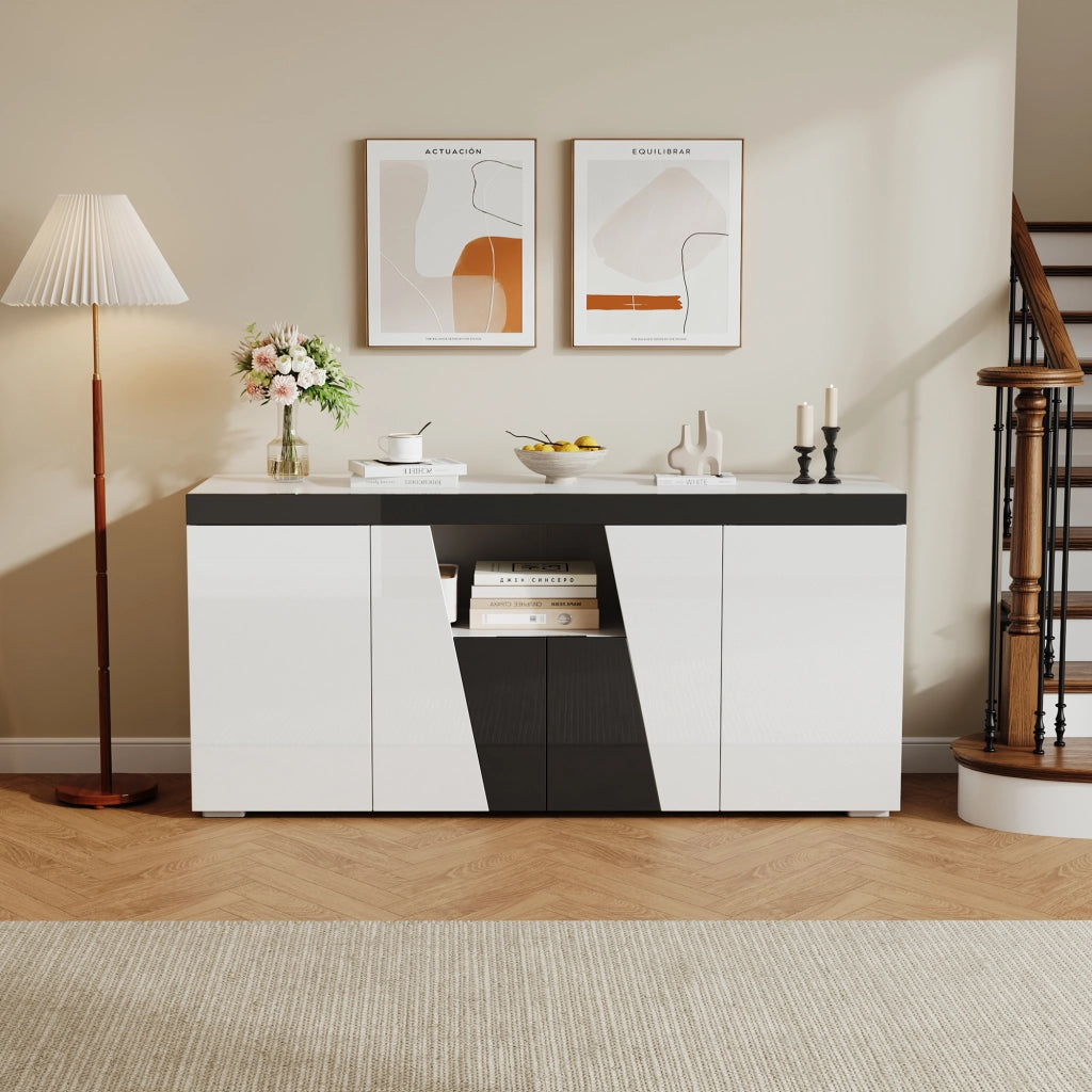 Credenza con 4 ante e ripiani regolabili, LED controllato da app, per soggiorno, bianco e nero, 140 × 40 × 65 cm