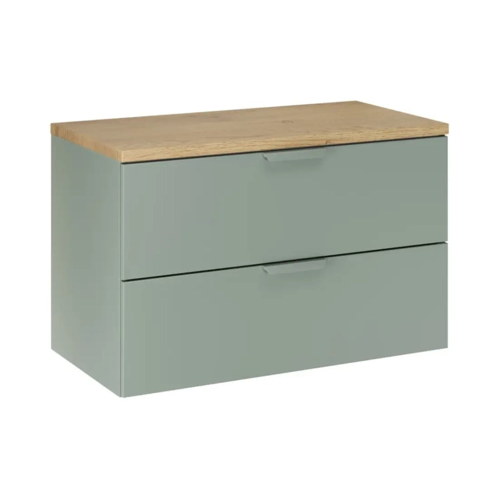 Set da bagno sospeso OSTER 80cm: mobile sottolavabo con cassetti verde salvia + piano per lavabo effetto rovere chiaro