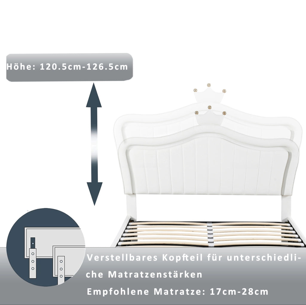 Letto imbottito per bambini 140x200 cm con contenitore; LED e testiera a conchiglia in PU bianco