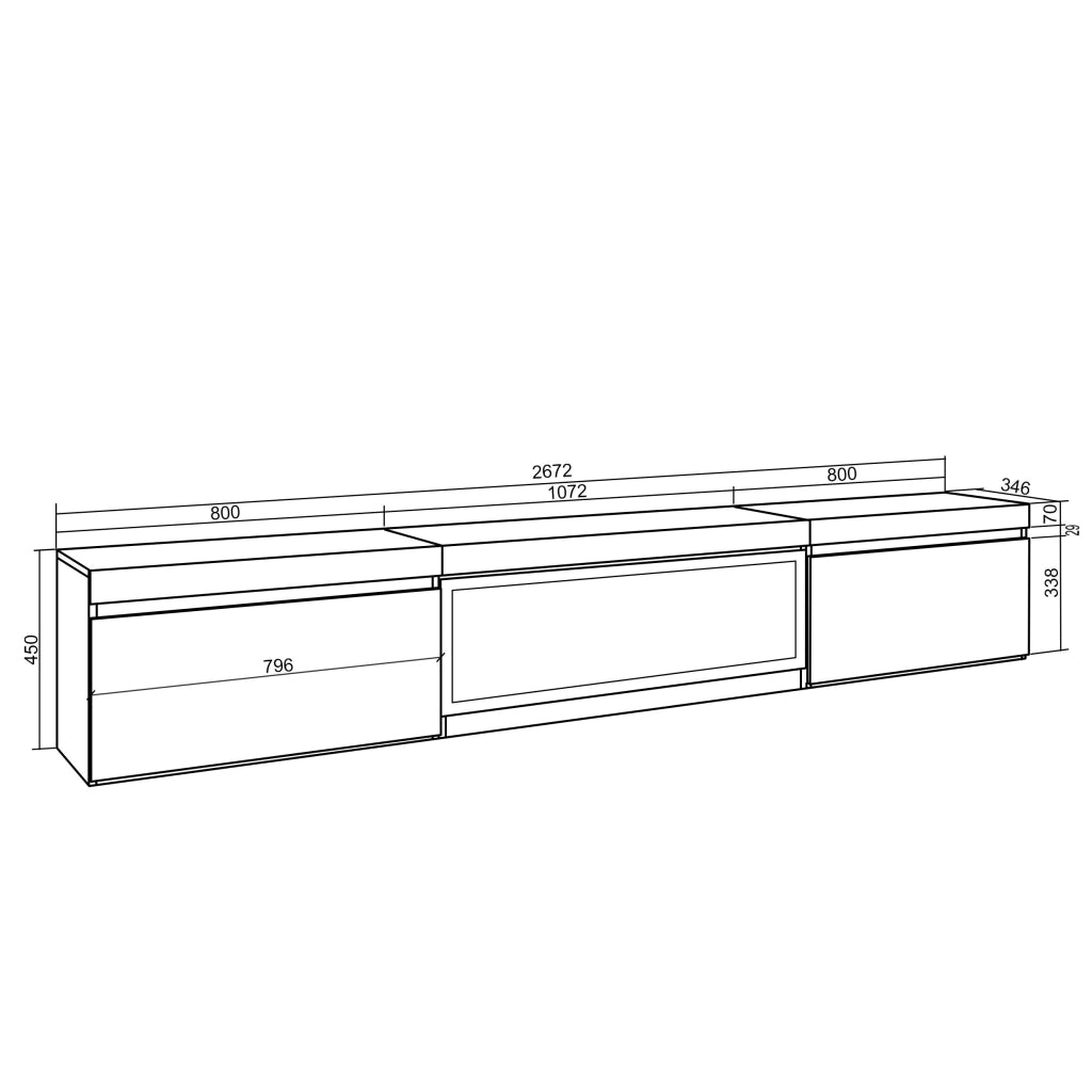 Mobile TV Soggiorno, 267x35x45cm, TV di grande formato, Camino elettrico XXL, da appendere, colore Rovere RF3608