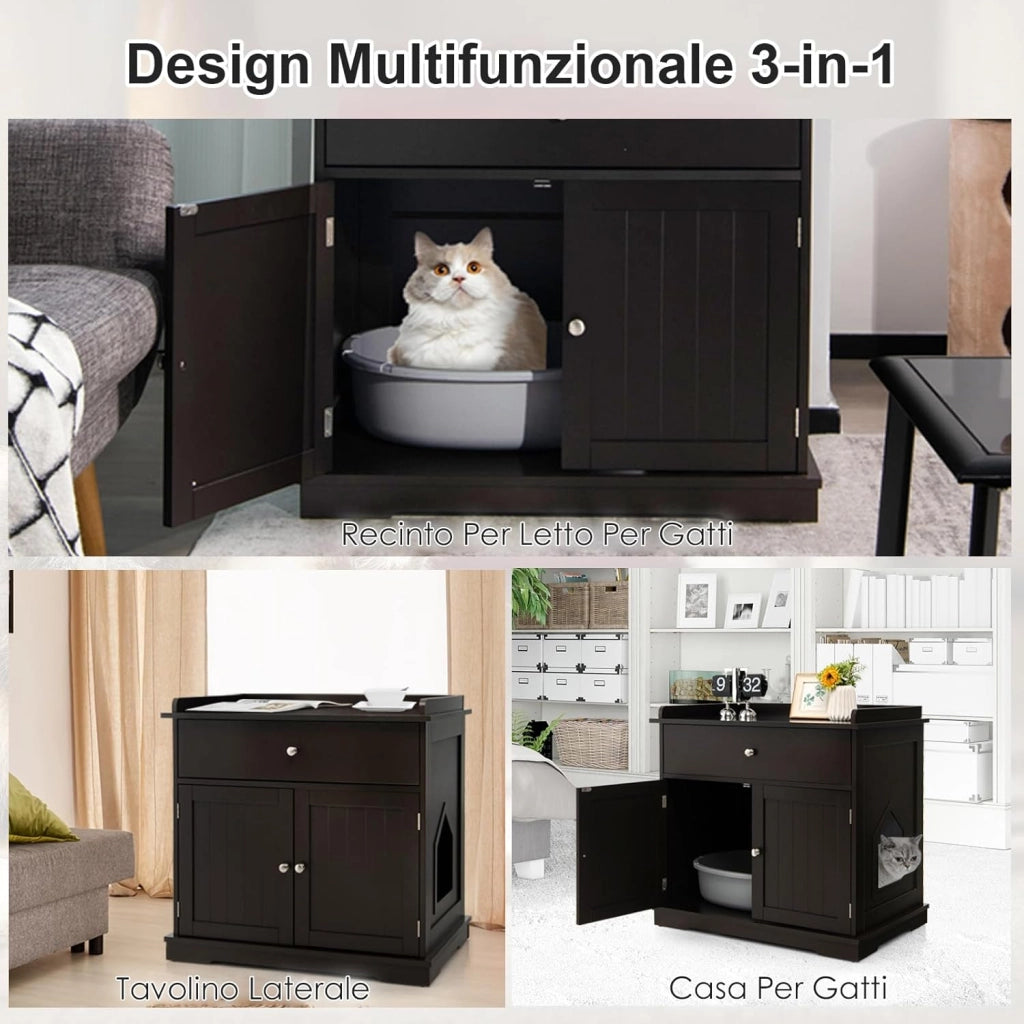 Mobile per Lettiera Gatti in Legno, con Portaoggetti, 2 Ante, Cassetto e Ingresso Laterale, Mobiletto Multiuso per Ingresso e Soggiorno, 76 x 53 x 74 cm, Carico Massimo 30 kg (Caffè)