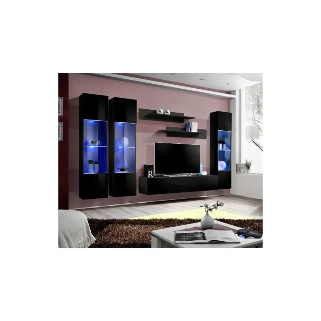 Mobile TV FLY C3 design, colore nero lucido. Mobile sospeso moderno e alla moda per il tuo soggiorno.