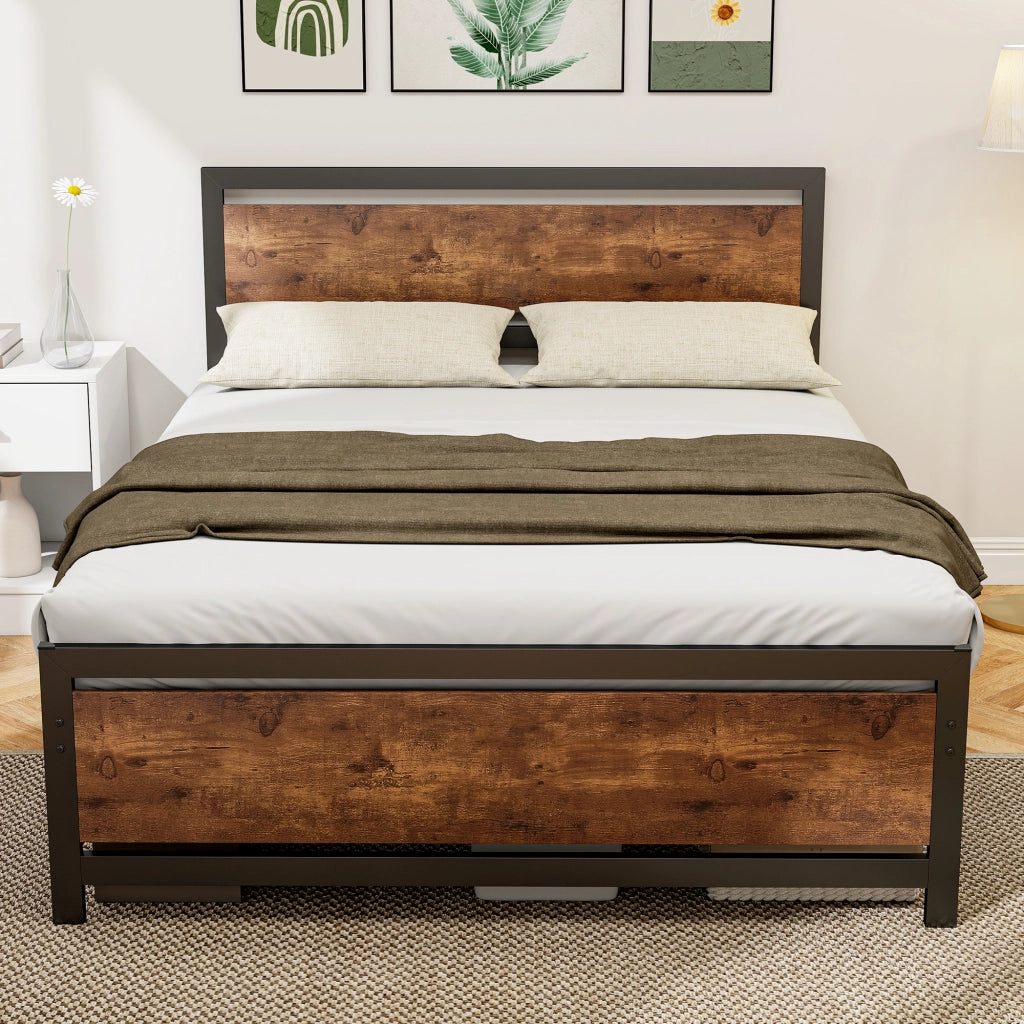 Letto Matrimoniale in Acciaio con Testiera e Rete a Doghe ¨C Zephmum ¨C 140x190 cm Marrone